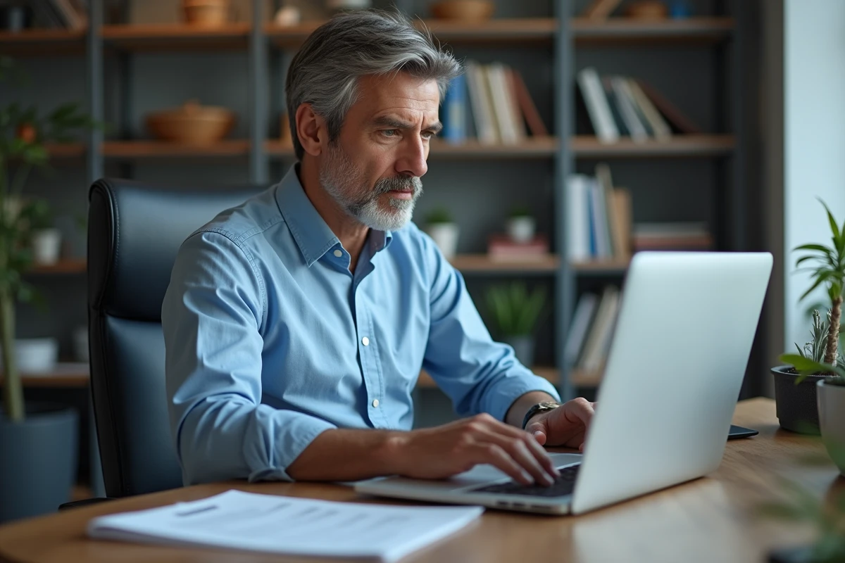 Homme remplissant sa déclaration fiscale en ligne avec des documents impôts sur le bureau