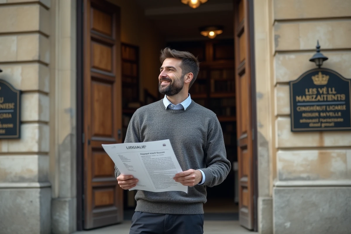 Homme souriant devant une ancienne bibliothèque française en extérieur