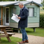 Homme examine documents devant une maison mobile en Bretagne