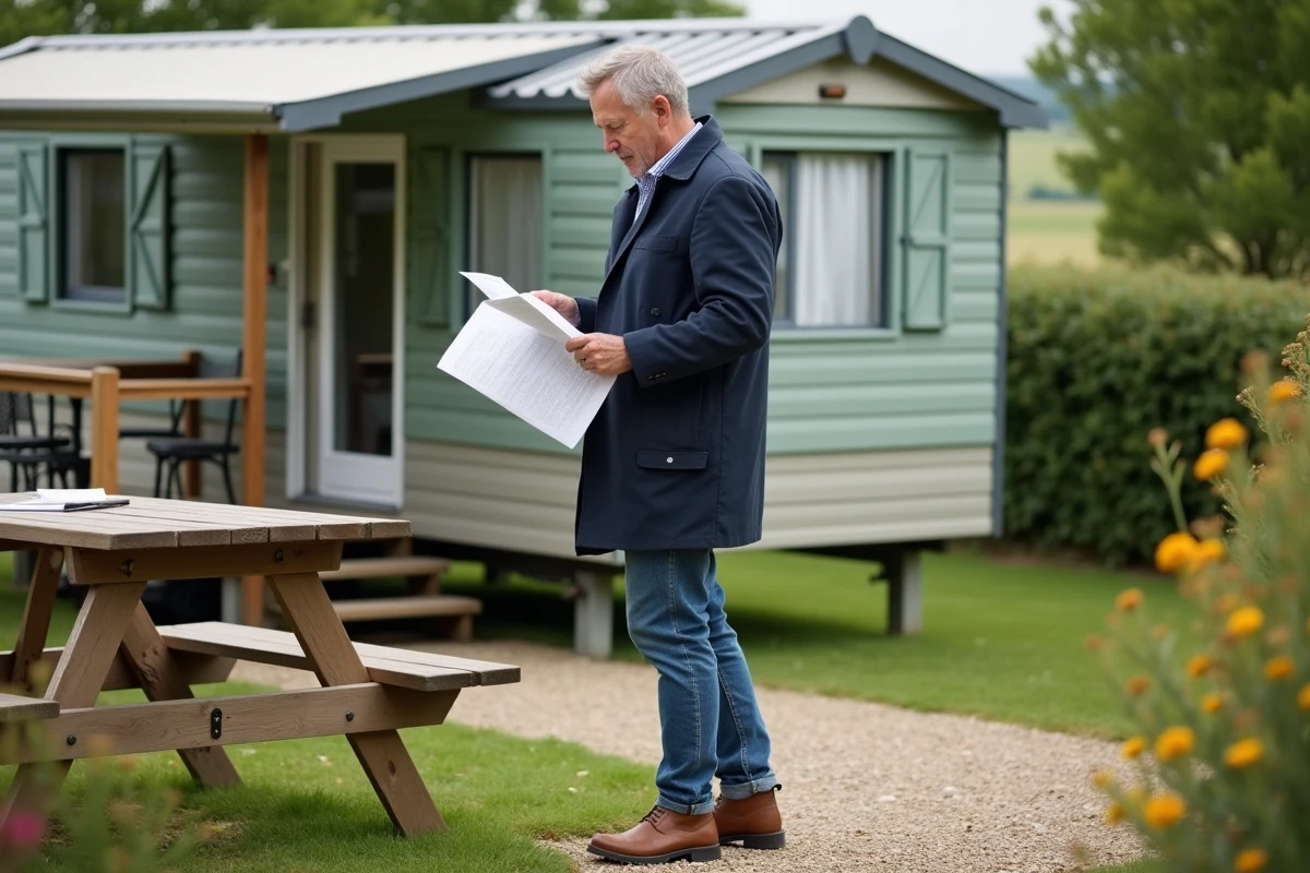 Homme examine documents devant une maison mobile en Bretagne