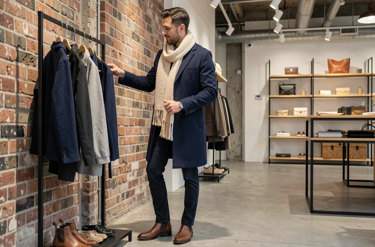 Homme élégant en manteau marine et bottines en cuir explorant des accessoires dans un concept store contemporain