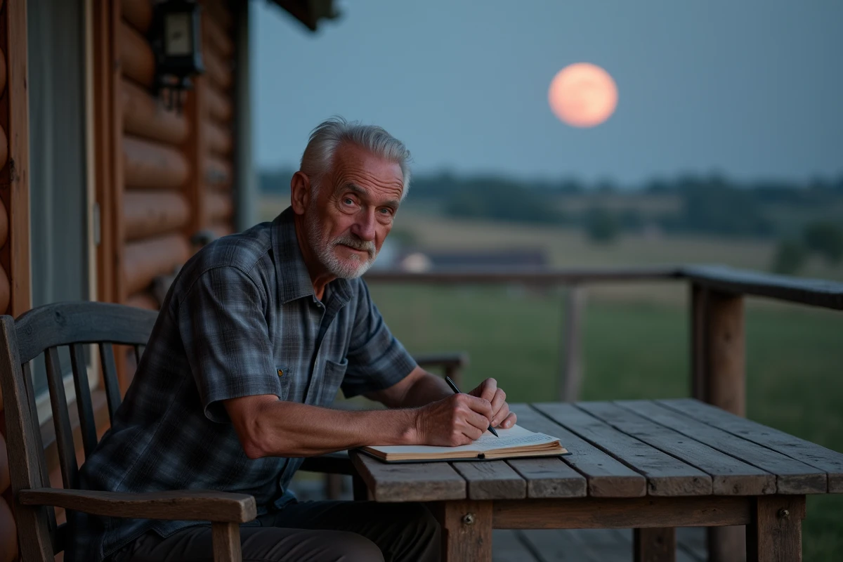 Homme âgé écrivant à la table en pleine nature