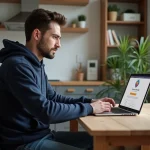 Homme en hoodie utilisant un ordinateur dans une cuisine chaleureuse
