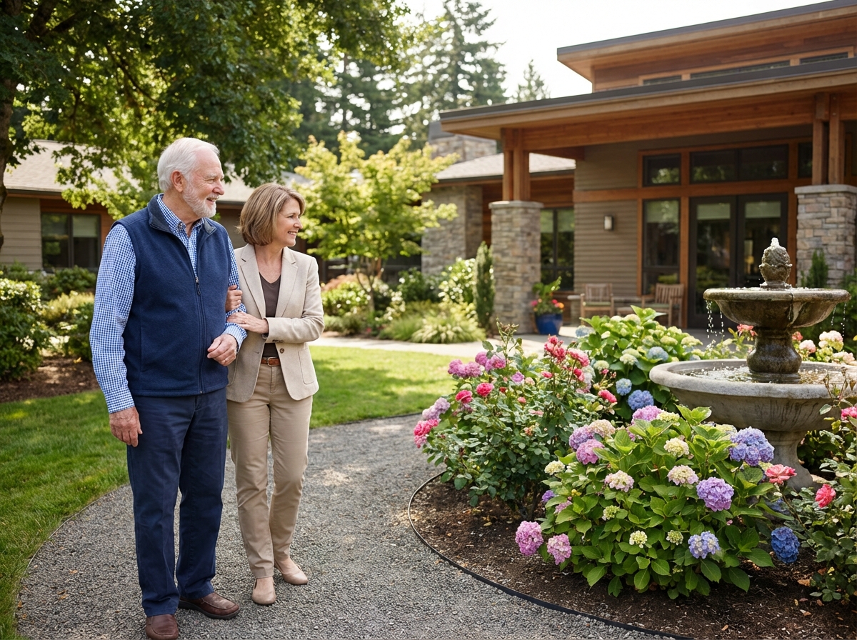 Homme senior marche avec une aide dans un jardin