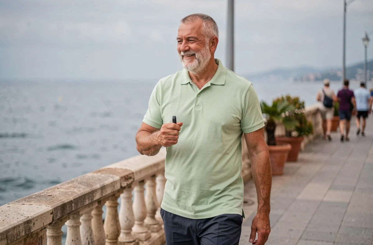 Homme de 70 ans marchant sur une promenade en bord de mer et consultant son tracker de fréquence cardiaque, symbolisant l'activité physique adaptée et la santé cardiaque des seniors