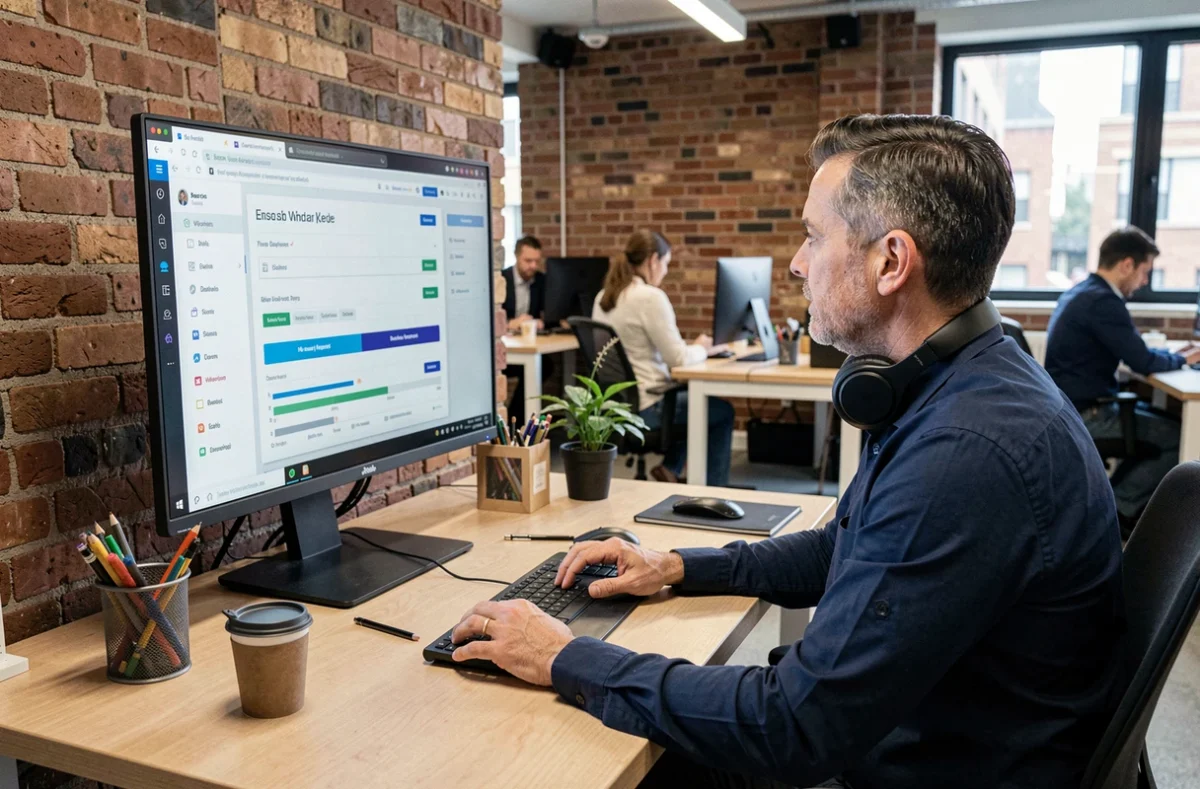 Homme d'affaires en espace de coworking participant à un webinaire de formation professionnelle sur un grand écran