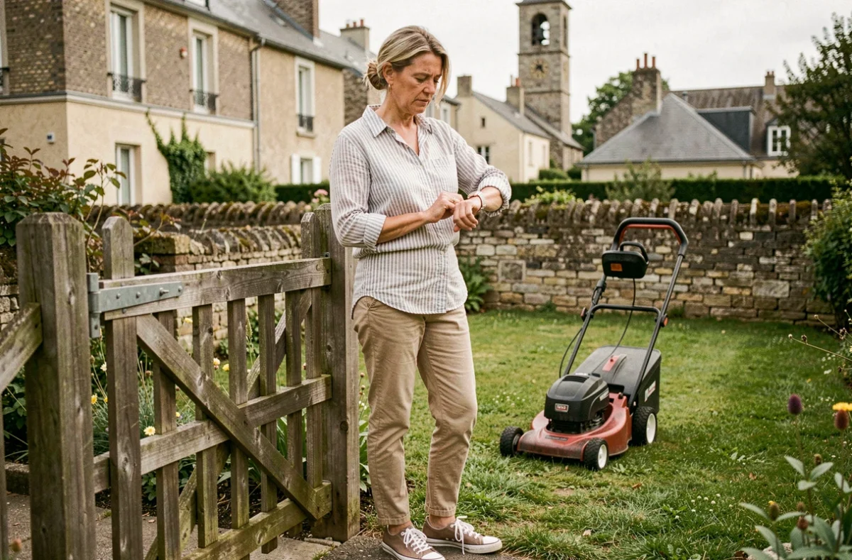 Femme dans son jardin urbain regardant sa montre avant de tondre la pelouse, respectant les horaires réglementaires