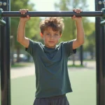 Adolescent en tshirt et shorts faisant son premier pullup en extérieur