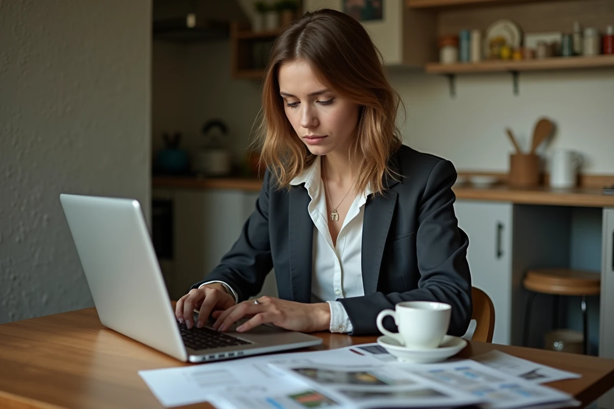 Jeune femme analysant annonces immobilières à la maison