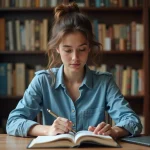 Jeune femme lisant une encyclopedie en français dans un bureau cosy