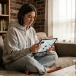 Jeune femme lisant des mangas en ligne sur une tablette dans un appartement cosy, illustrant l'usage de Crunchyscan pour la lecture numérique