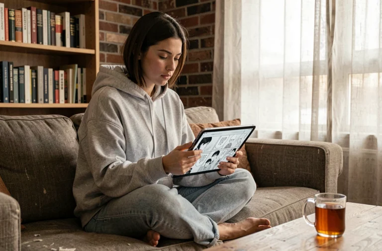 Jeune femme lisant des mangas en ligne sur une tablette dans un appartement cosy, illustrant l'usage de Crunchyscan pour la lecture numérique