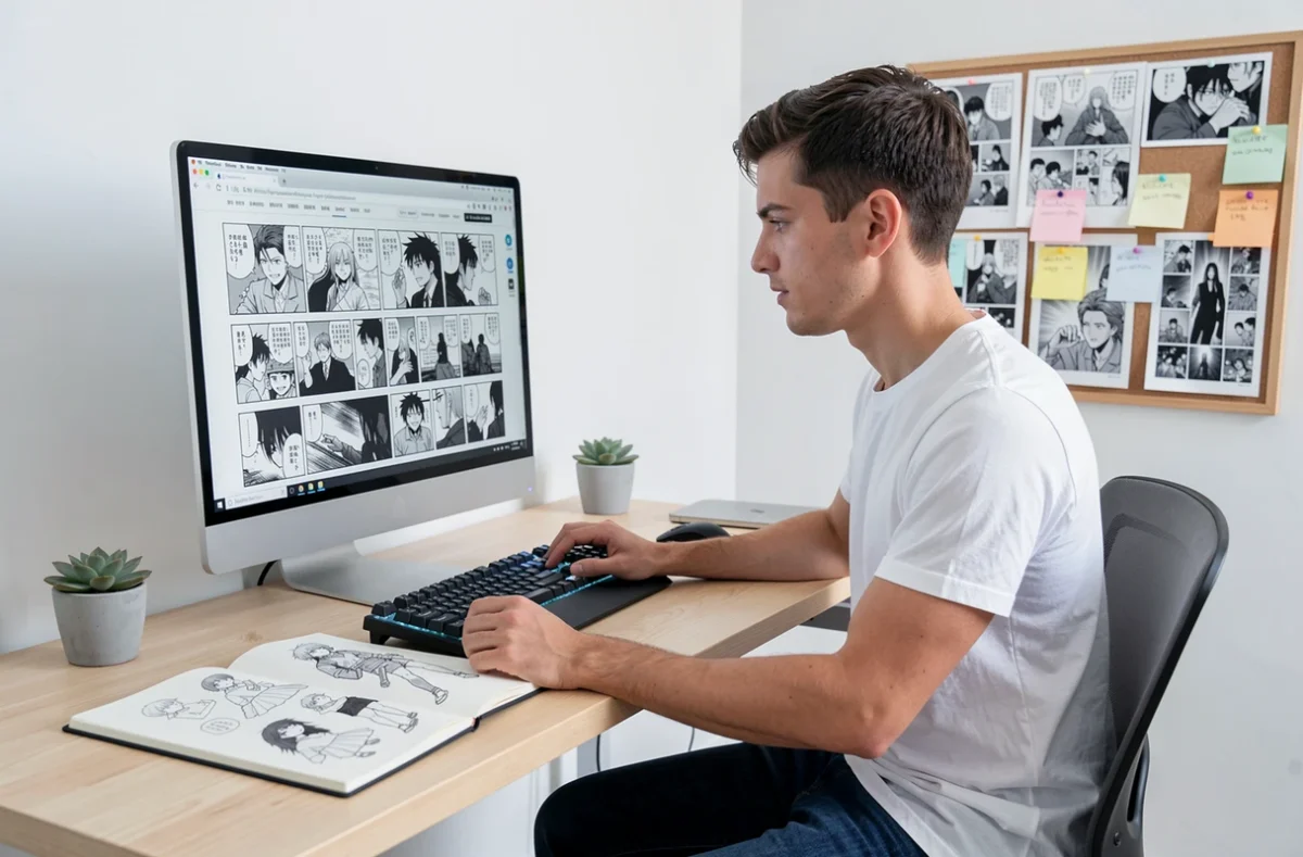 Homme adulte lisant des scans de manga sur un écran d'ordinateur dans un bureau moderne, représentant la consultation de plateformes de lecture manga comme Crunchyscan
