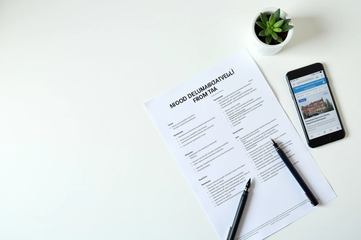 Vue du dessus d'une lettre CAF et d'un formulaire fiscal posés sur un bureau blanc avec un stylo