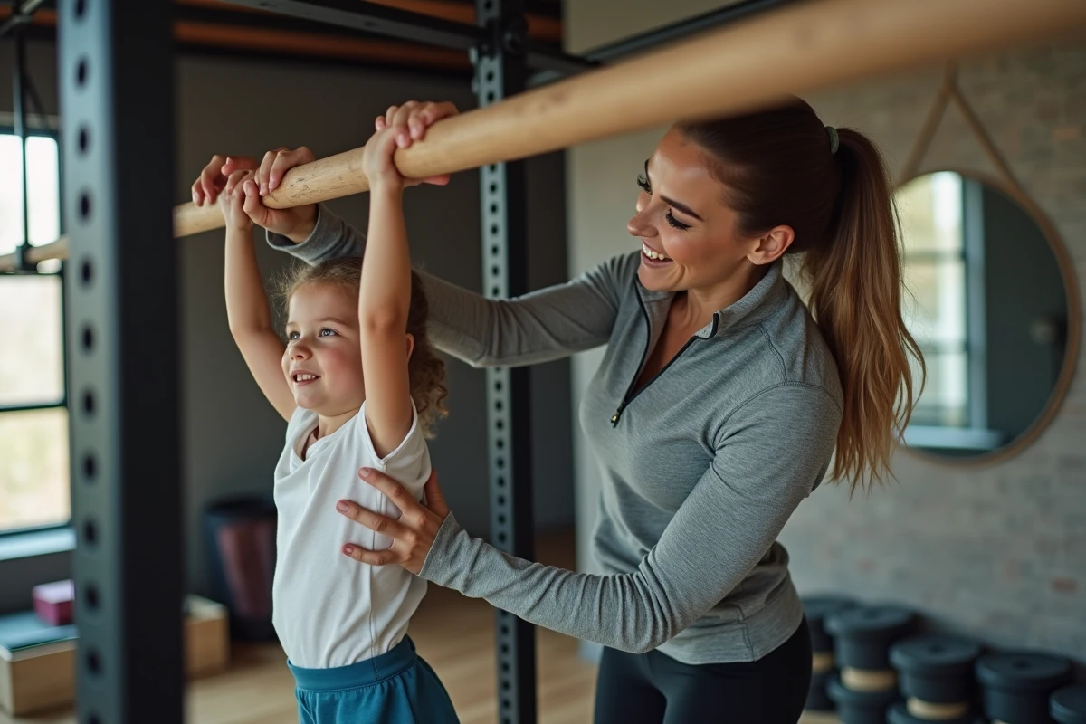 Femme aidant sa fille à faire un pullup dans une salle de sport