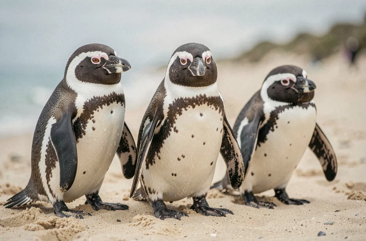 Trois manchots de Magellan sur une plage de sable fin regardant l'objectif de près avec l'océan en arrière-plan flou