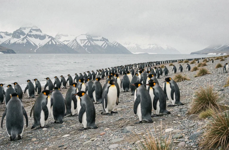Grande colonie de manchots royaux sur une plage rocheuse antarctique avec montagnes enneigées en arrière-plan