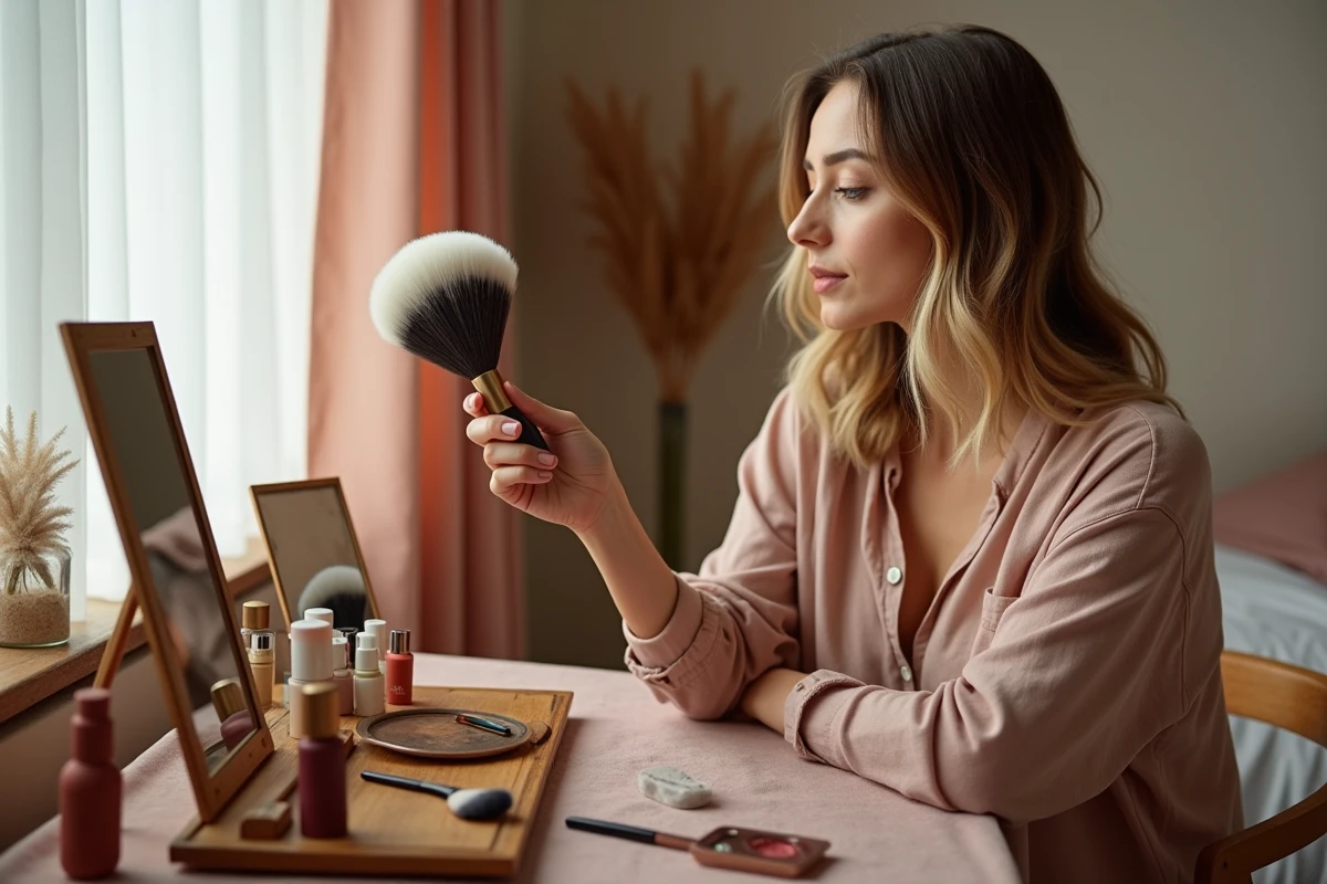 Femme se maquillant devant une coiffeuse en bois vintage avec des pinceaux et produits cosmétiques soigneusement disposés
