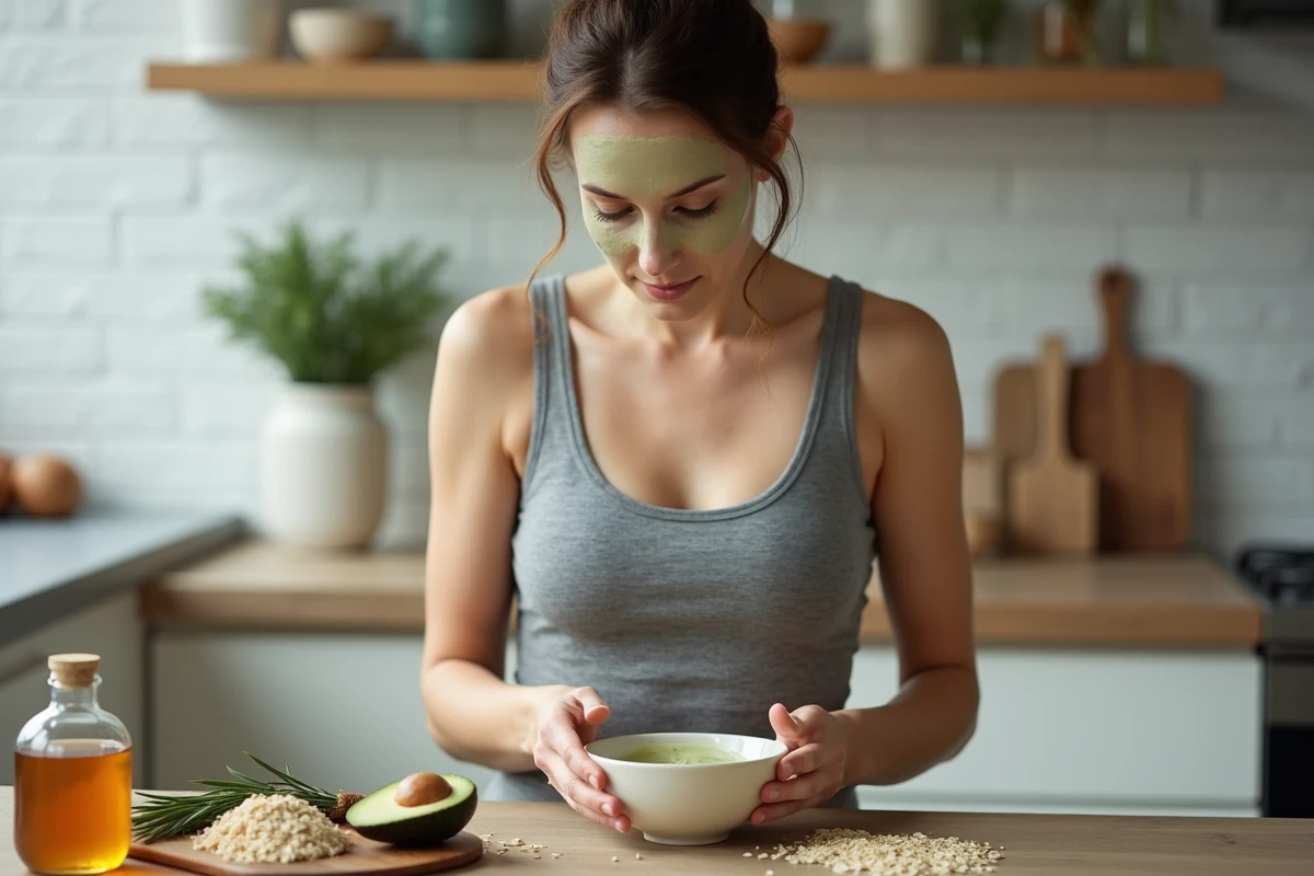 Femme préparant un masque visage naturel fait maison avec des ingrédients bio dans une cuisine moderne