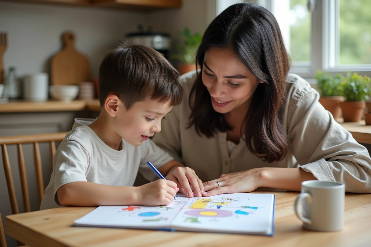Mère et fils assis à la table de cuisine, regardant ensemble un carnet de dessins sur les rêves d'avenir
