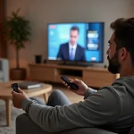 Homme tenant un Xiaomi Mi TV Stick et une télécommande devant un téléviseur affichant des chaînes TV dans un salon moderne