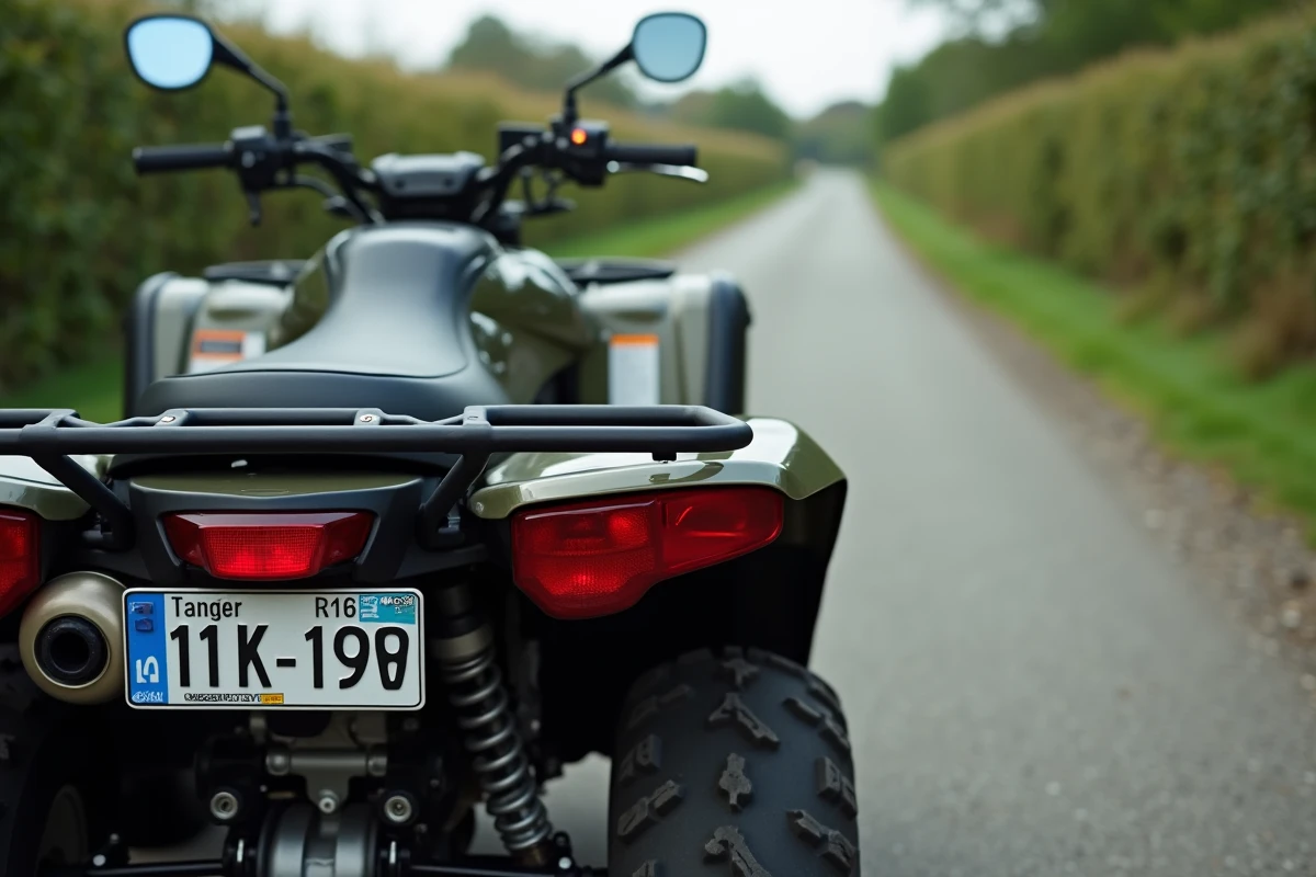 Plaque d'immatriculation et autocollant d'homologation MAGA sur un quad en bord de route rurale