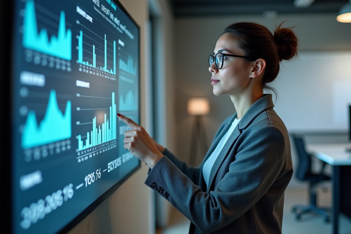 Professionnelle présentant des données de performance et des perspectives d'avenir sur Adivak devant un écran de visualisation en 2026