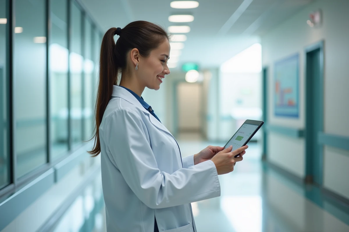Infirmière en blouse blanche utilisant une tablette dans un couloir d