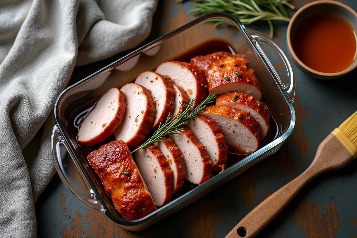 Tranches de filet de porc cuit dans un plat en verre avec couvercle et bouillon pour une remise en température moelleuse