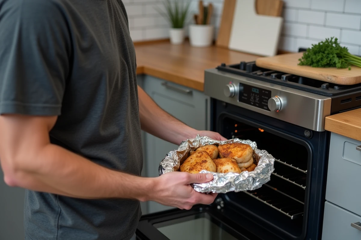Homme enveloppant du poulet rôti dans du papier aluminium pour le réchauffer au four sans le dessécher