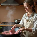 Femme réchauffant des tranches de bœuf rôti dans une poêle avec du bouillon pour éviter le dessèchement