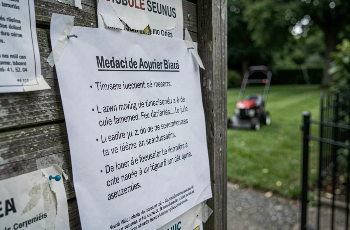 Affiche municipale sur un panneau d'affichage indiquant les horaires autorisés pour la tonte de pelouse le dimanche