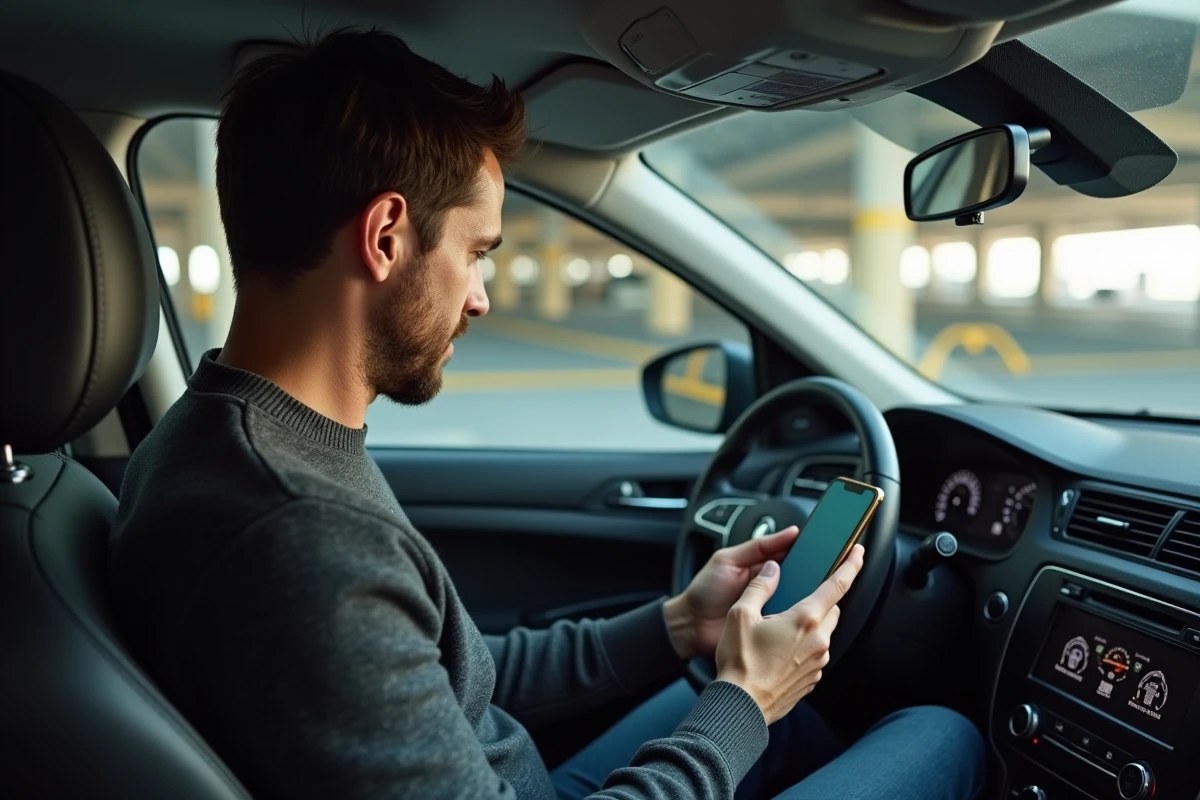 Homme consultant une application de réservation de parking sur smartphone depuis l'intérieur d'une voiture dans un parking couvert d'aéroport