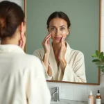 Femme appliquant un sérum visage dans une salle de bain moderne avec des produits de soin posés sur un comptoir en marbre