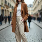 Femme élégante portant un blazer camel oversize et un pantalon large écru dans une rue pavée parisienne en automne, look tendance mode 2024