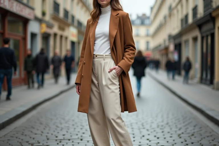 Femme élégante portant un blazer camel oversize et un pantalon large écru dans une rue pavée parisienne en automne, look tendance mode 2024