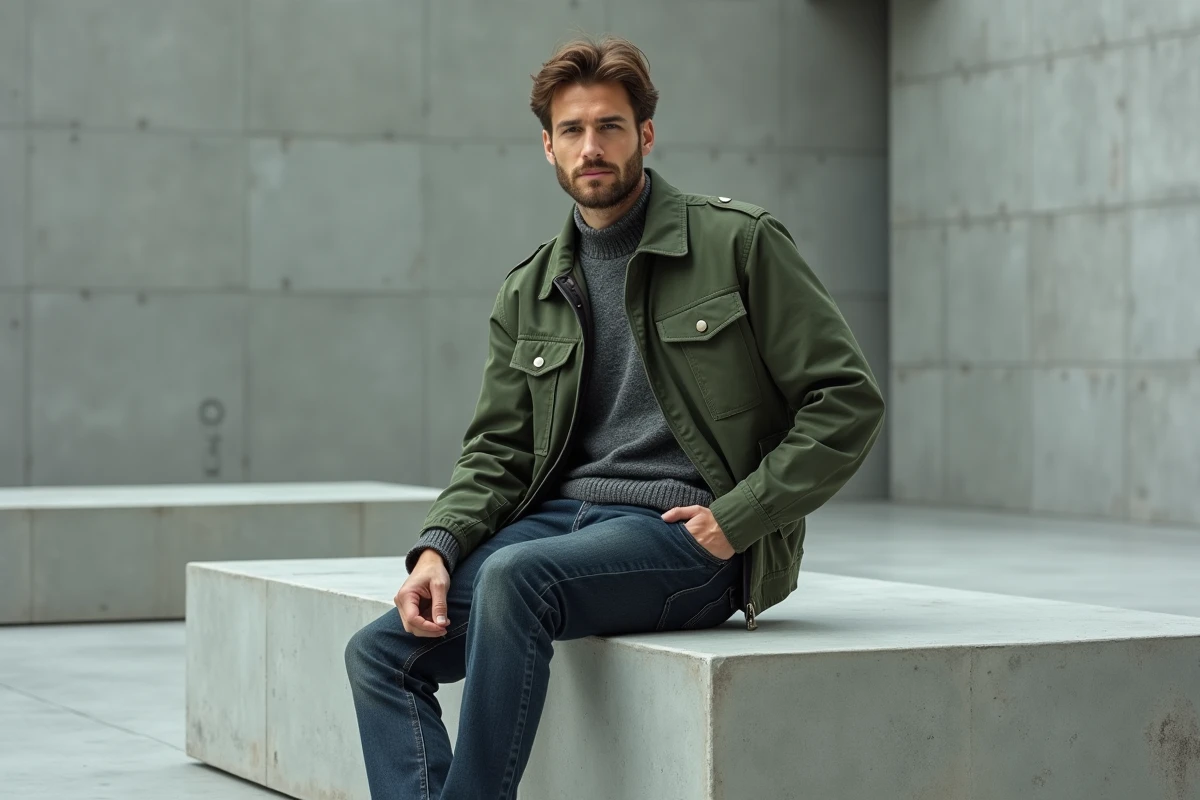 Homme stylé en veste utilitaire verte et jean indigo assis dans une galerie d'art moderne, tendances mode masculine automne-hiver