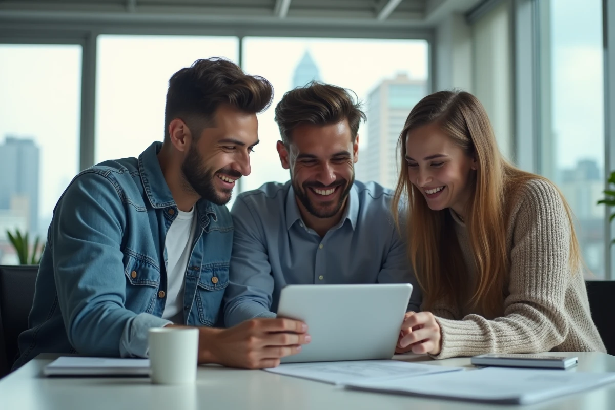 Groupe de jeunes professionnels discutant des dernières tendances autour d'une tablette dans un bureau contemporain