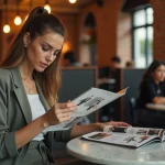 Femme élégante feuilletant un magazine de tendances dans un café moderne aux murs en briques apparentes
