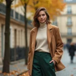 Femme élégante portant un blazer camel oversize et un pantalon large vert forêt dans une rue parisienne en automne, tendances mode saison