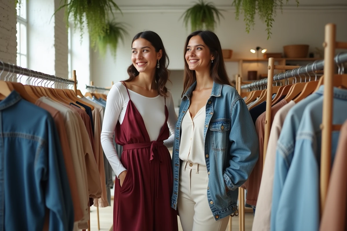 Deux femmes tendance explorant les vêtements dans un concept store parisien, robe slip dress bordeaux et manteau en jean patchwork, mode automne 2024