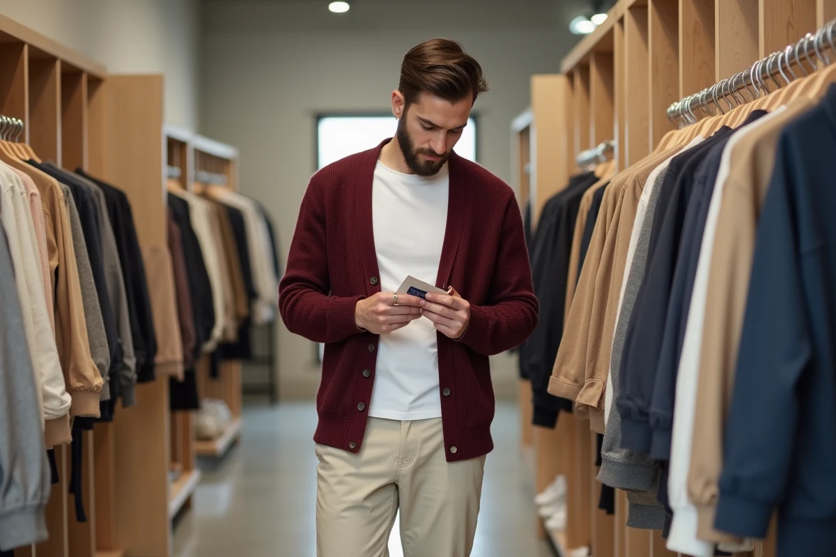 Homme en cardigan bordeaux et pantalon écru parcourant les rayons d'une boutique de mode minimaliste, style tendance masculin contemporain