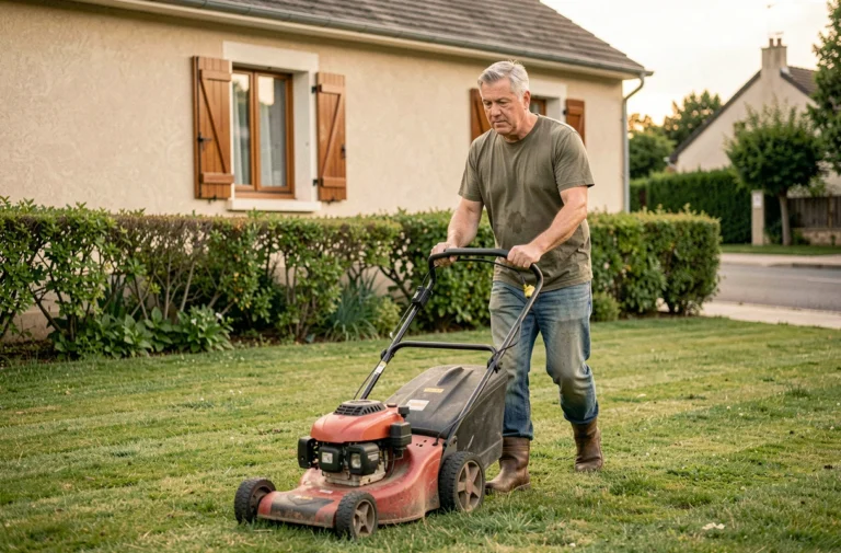 Homme d'âge mûr en train de tondre sa pelouse un dimanche dans un jardin de maison pavillonnaire française